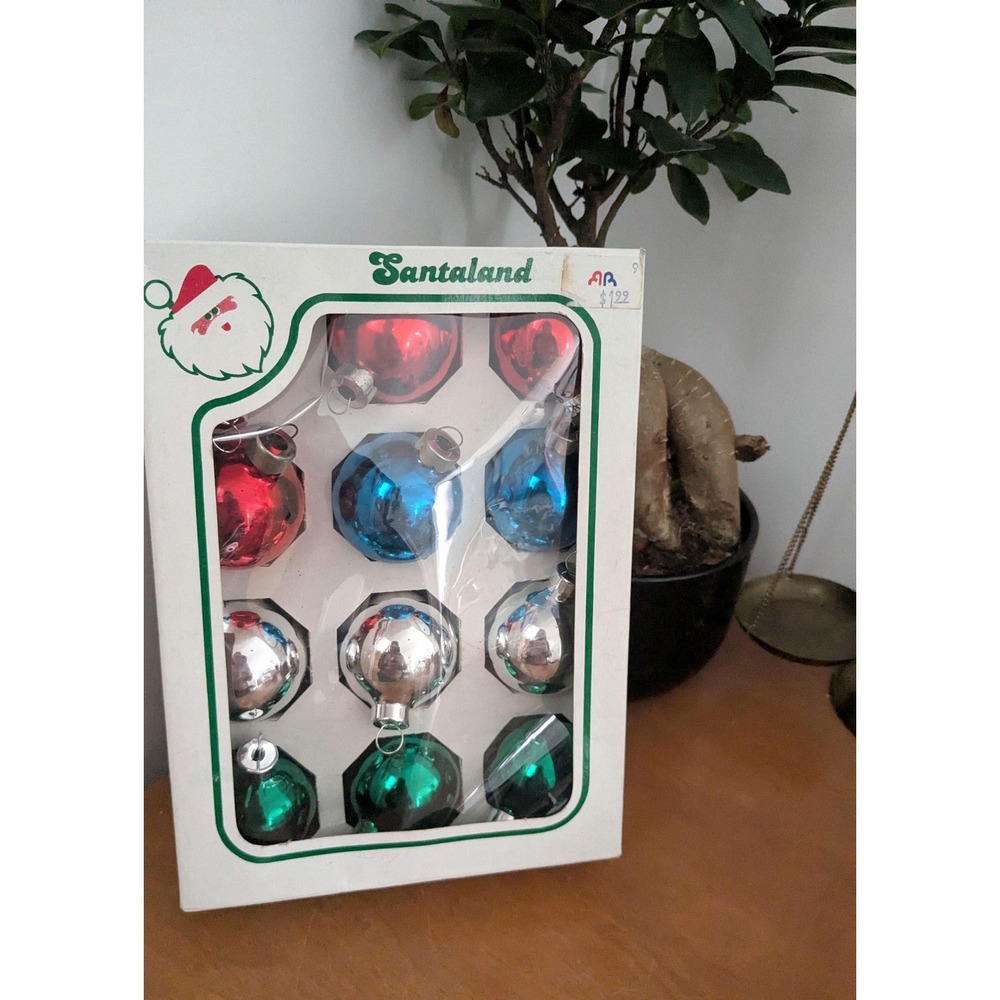 Vintage Glass Christmas Ornaments Set of 12 – Santaland – Red Blue Green Silver